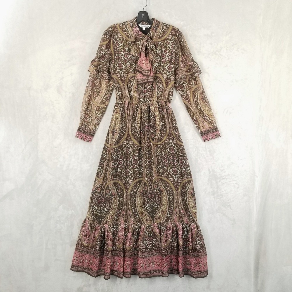 Walter Baker Amelia Maxi Dress Womens S Grand Paisley Sheer Ruffle Boho Prairie
